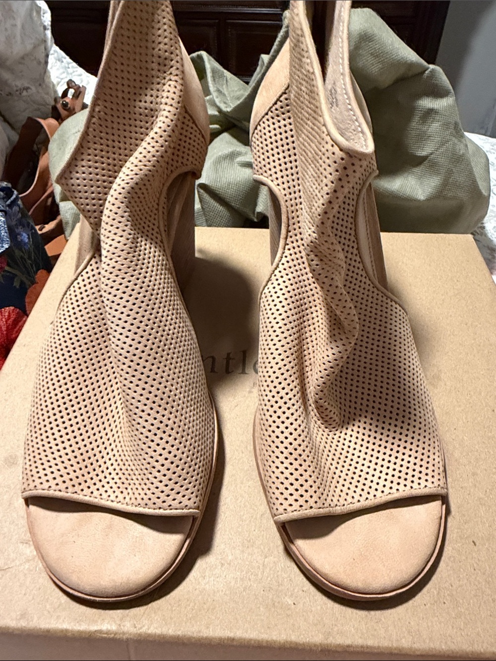 Perforated Open-Toe Slingback Sandals in Beige